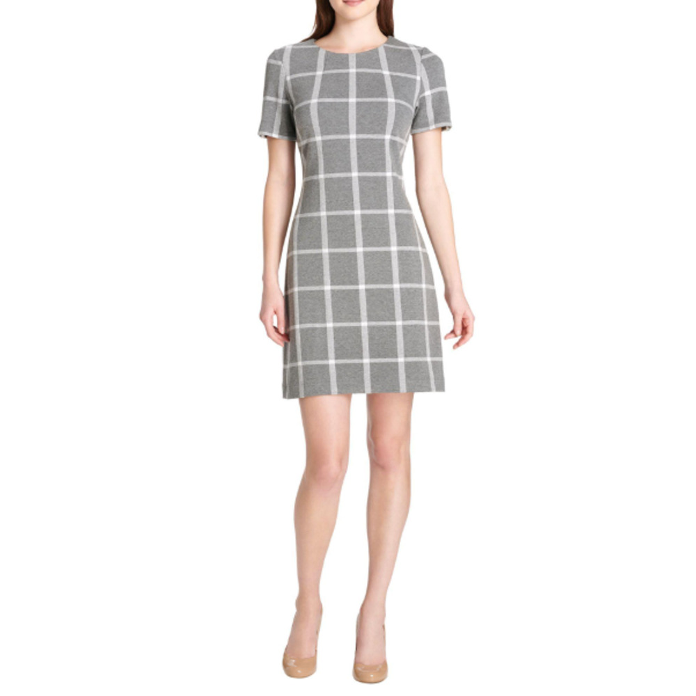 Tommy Hilfiger Plaid A-Line Knit Gray Dress Career Business - Size 10